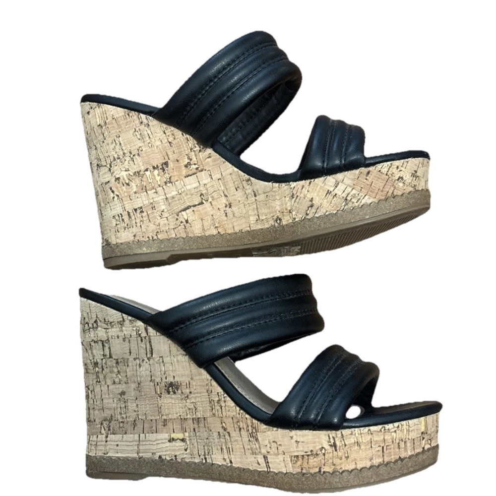 Steve Madden Black Quilted Cork Wedge Heels Size 7.5 - Picture 4 of 7